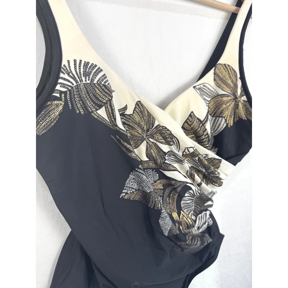 Miraclesuit One Piece Swimsuit Womens 16 Black Gold Floral Sequin It's A Wrap EX